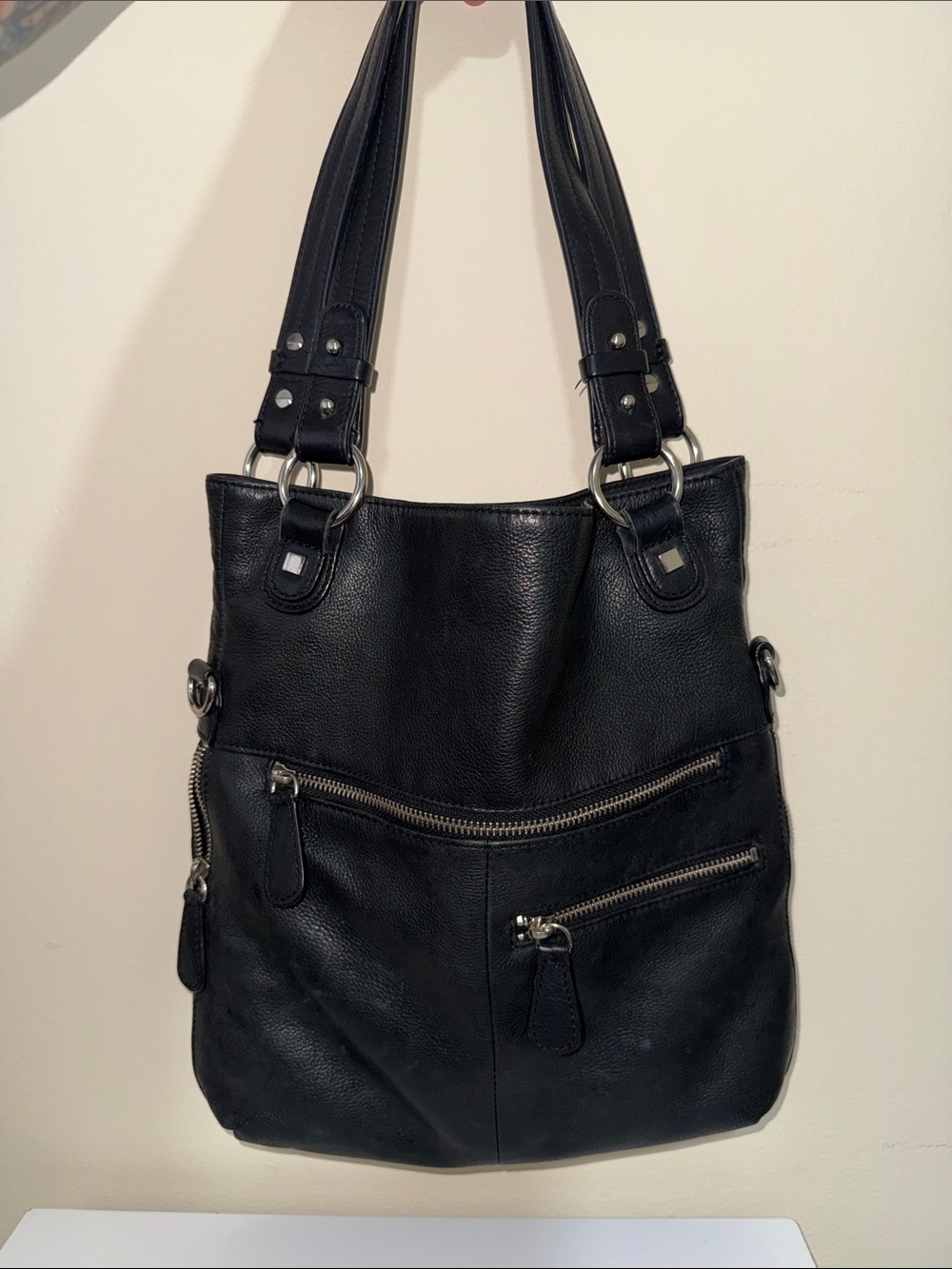 Alfani Black Leather Shoulder Bag with Silver Hardware